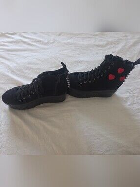 Black Lace-Up Platform Boots with Red Heart Accents